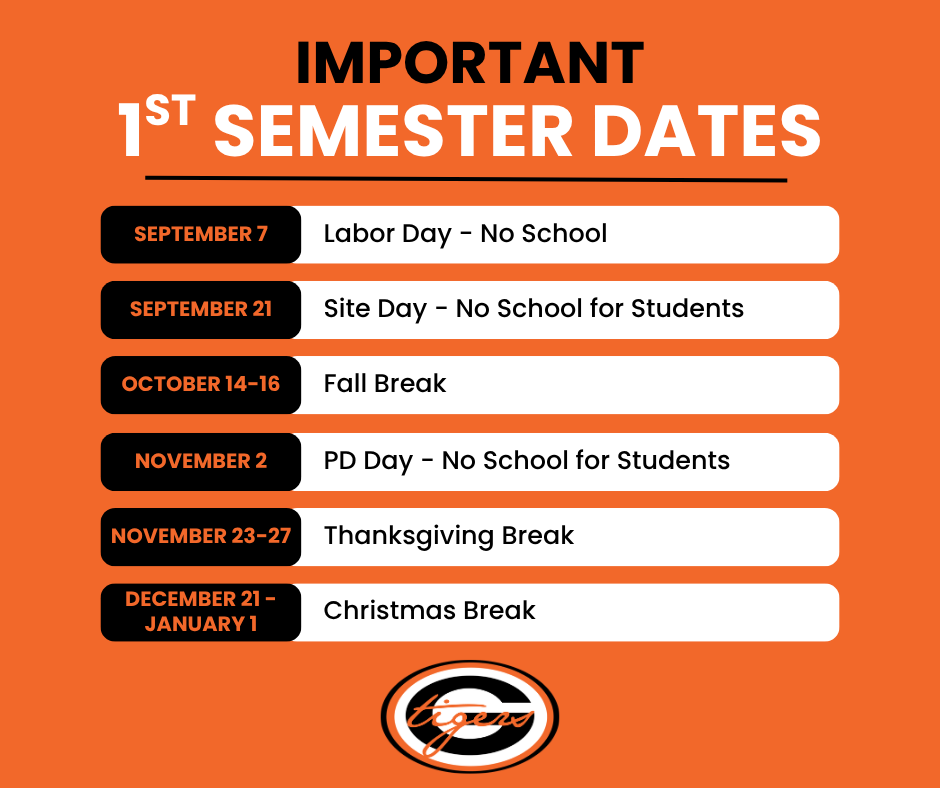 Orange background with white text. Title reads "Important 1st Semester Dates" with a logo below.