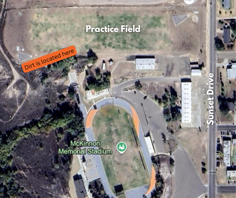 Aerial view of McKinnon Memorial Stadium, with a labeled practice field, dirt area, and Sunset Drive. The stadium is located near a road.