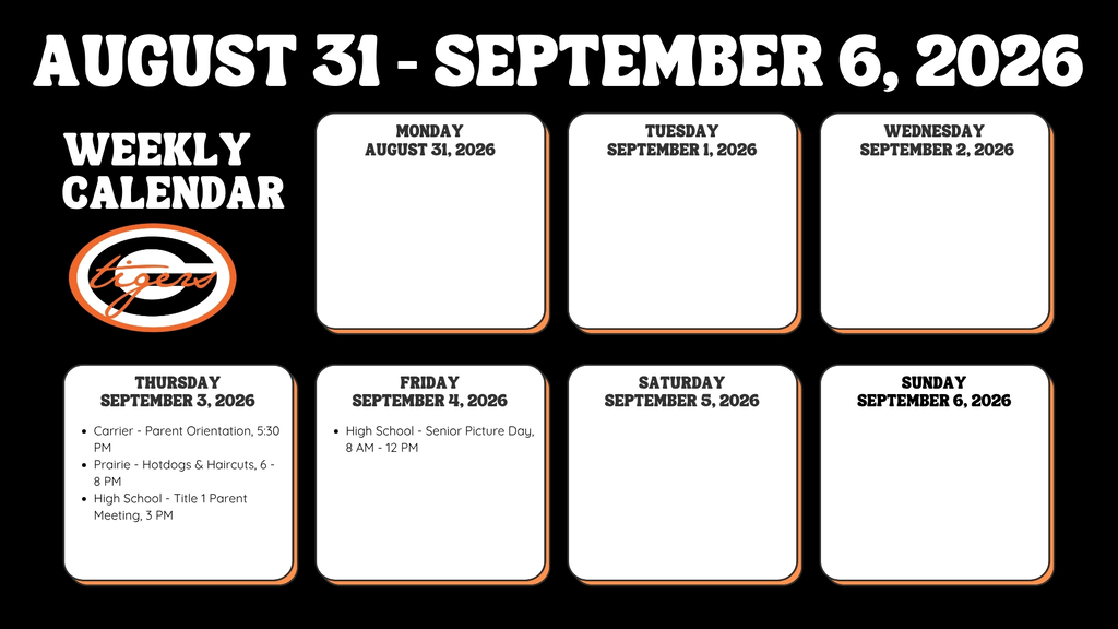 Black background displays a calendar with dates August 31 to September 6, 2026. Weekly calendar is at the top.