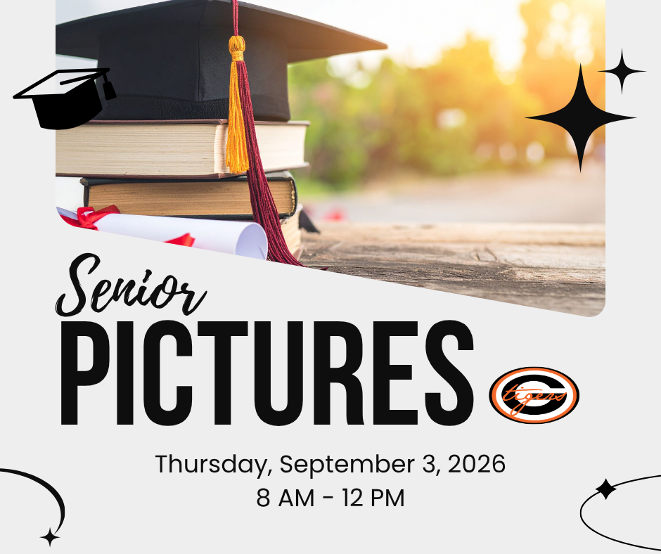 A graduation cap and tassel stack with books. A photo of the sun behind. Text reads "Senior Pictures, Thursday, September 3, 2026, 8 AM - 12 PM".