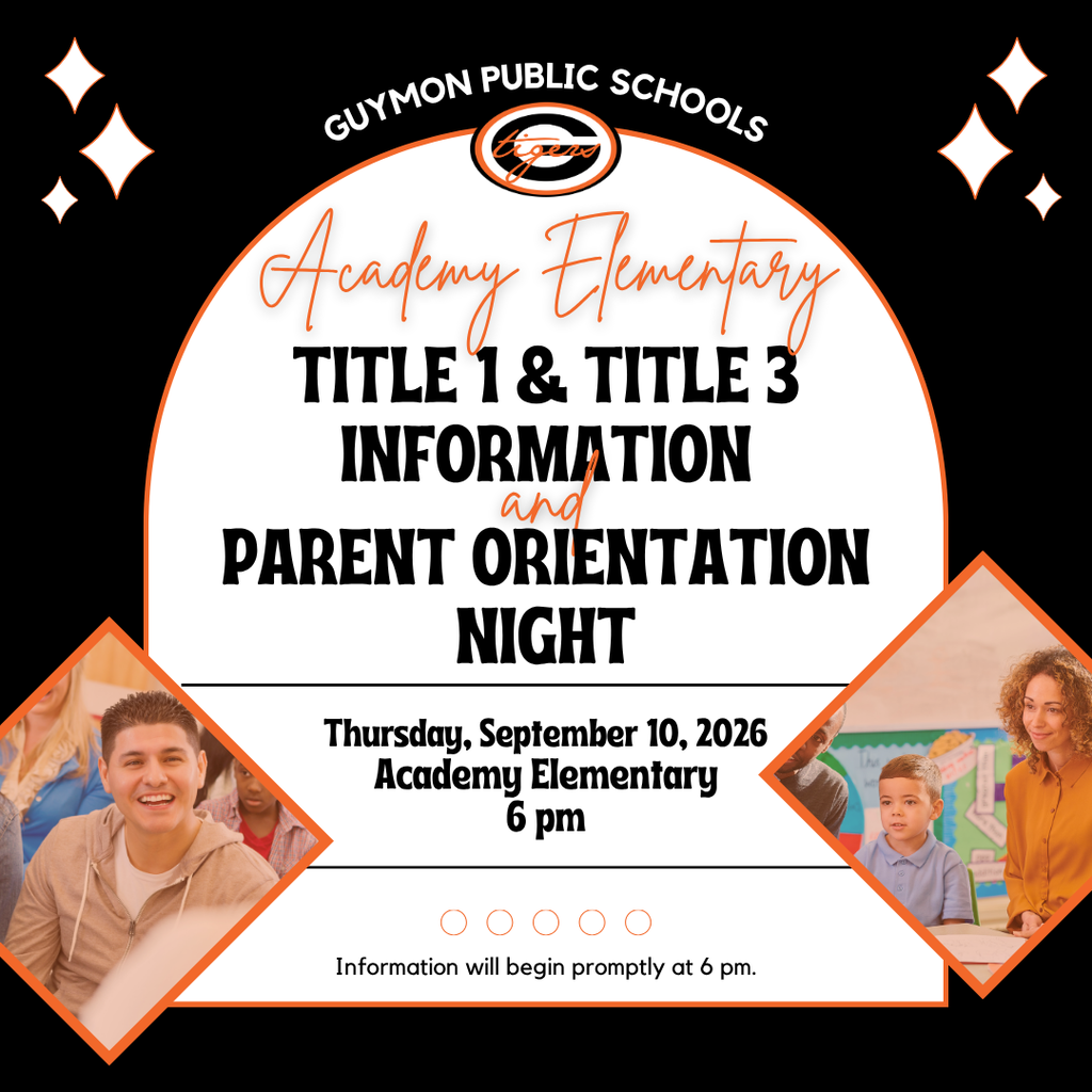 Flyer displays "Academy Elementary" and "Title 1 & Title 3 Information and Parent Orientation Night." It includes photos of students and teachers.