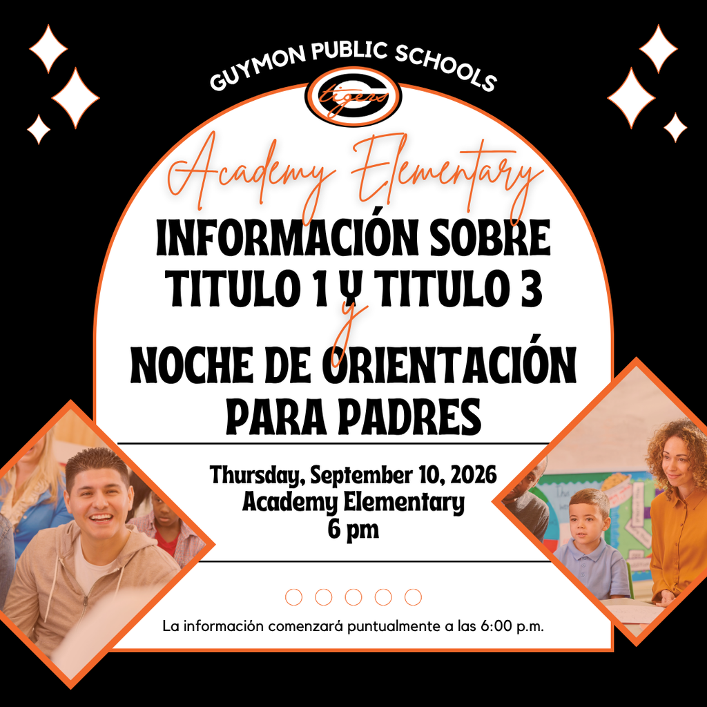 Black and orange flyer. It says "Academy Elementary" and "Noche de Orientación para Padres". Photos of kids and adults.