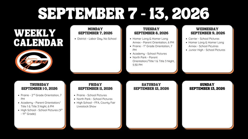 A weekly calendar for September 7-13, 2026, on a black background with white text, displaying dates and activities.