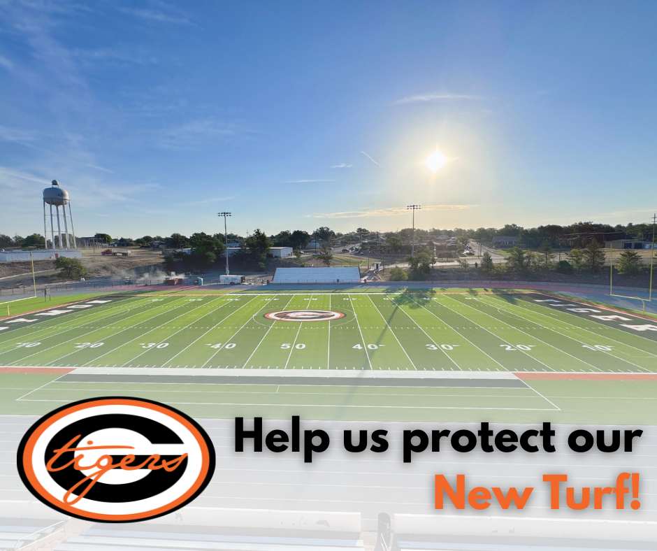 Bright sun over an open football field with a logo and text reading "Help us protect our New Turf!"