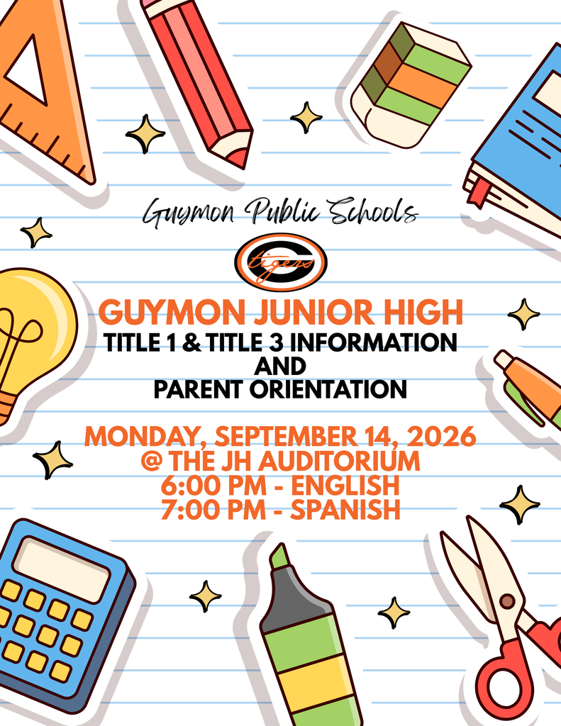 Flyer for Guymon Junior High Title 1 & Title 3 Information and Parent Orientation on September 14, 2026.