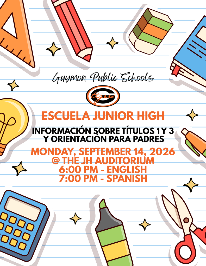 An event flyer for Escuela Junior High. Icons include a pencil, scissors, light bulb, and calculator. Events on Sep 14, 2026.