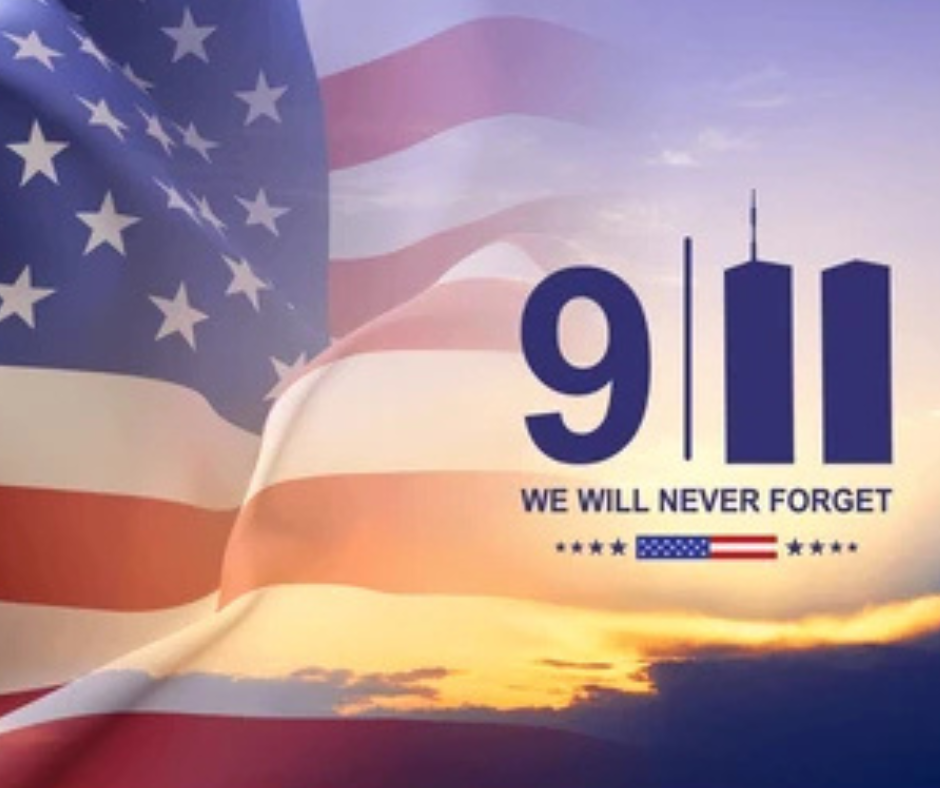 American flag with a sunset background, featuring "9/11" and "We Will Never Forget" in bold text.