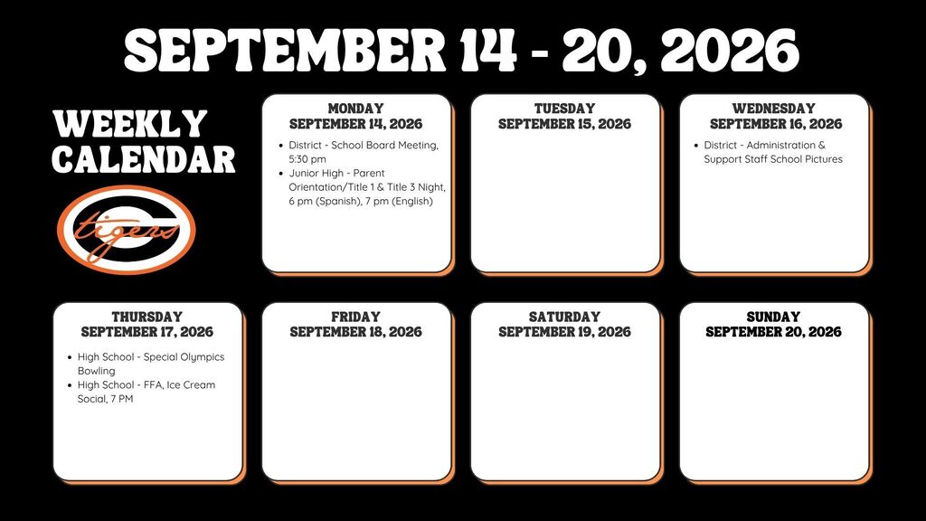 Black background displays a weekly calendar. It includes dates from September 14 to 20, 2026.