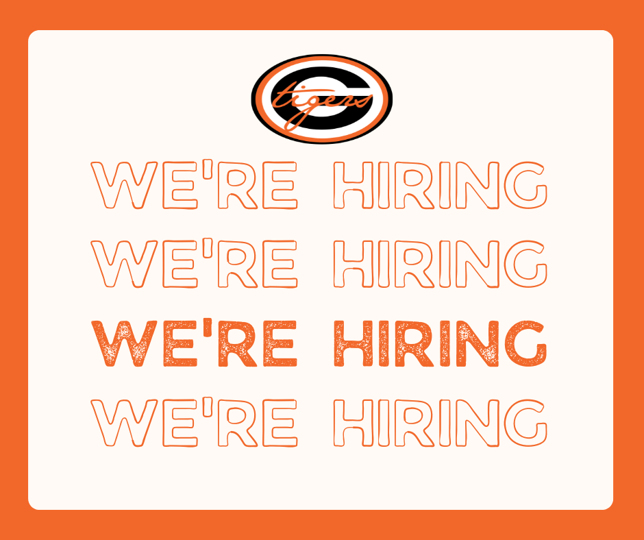 A white and orange page displays text "WE'RE HIRING" multiple times. The text is bold, orange, and has a vintage style.
