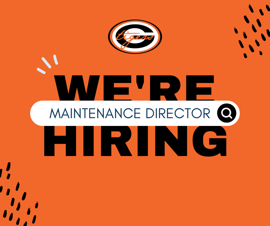 Bright orange background with bold white text. The word "WE'RE" is above "MAINTENANCE DIRECTOR" and "HIRING". The logo is in the upper left.