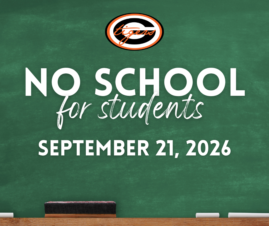 A green chalkboard with white text. A logo is above the text. Text reads: "No School for students, September 21, 2026."