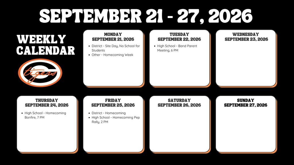 Black background with a calendar for September 21-27, 2026. Dates and names listed for each day.