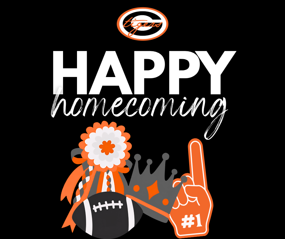 Black backdrop with "Happy homecoming" text, a football, crown, flower, and finger pointing. Chicago Bears logo in top-right corner.