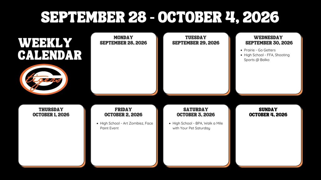 A weekly calendar from September 28 to October 4, 2026, displayed on a black background.