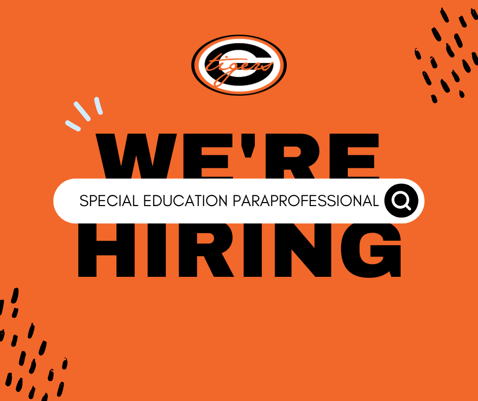 An orange poster with black dots announces "WE'RE HIRING SPECIAL EDUCATION PARAPROFESSIONAL." A logo is at the top.