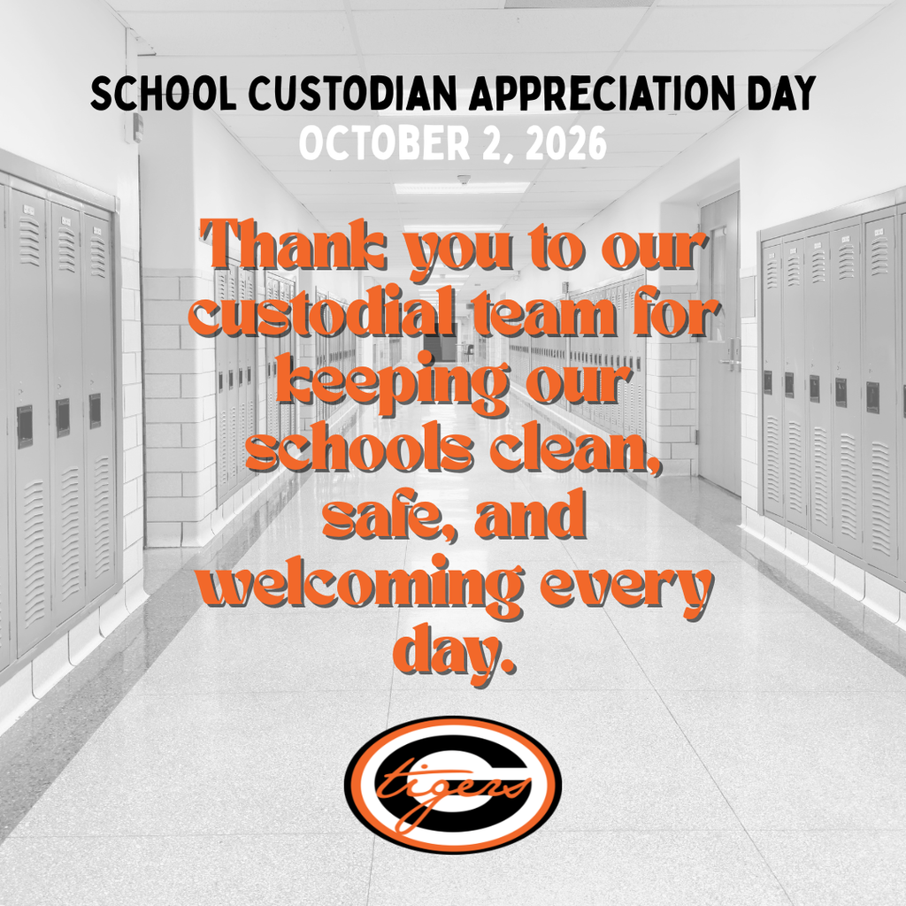 Empty school hallway with lockers on both sides. Centered text reads "School Custodian Appreciation Day October 2, 2026."