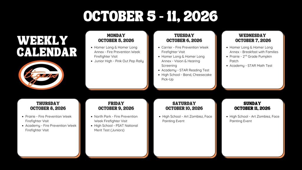 Black background displays a weekly calendar for October 5-11, 2026, with daily activities listed.
