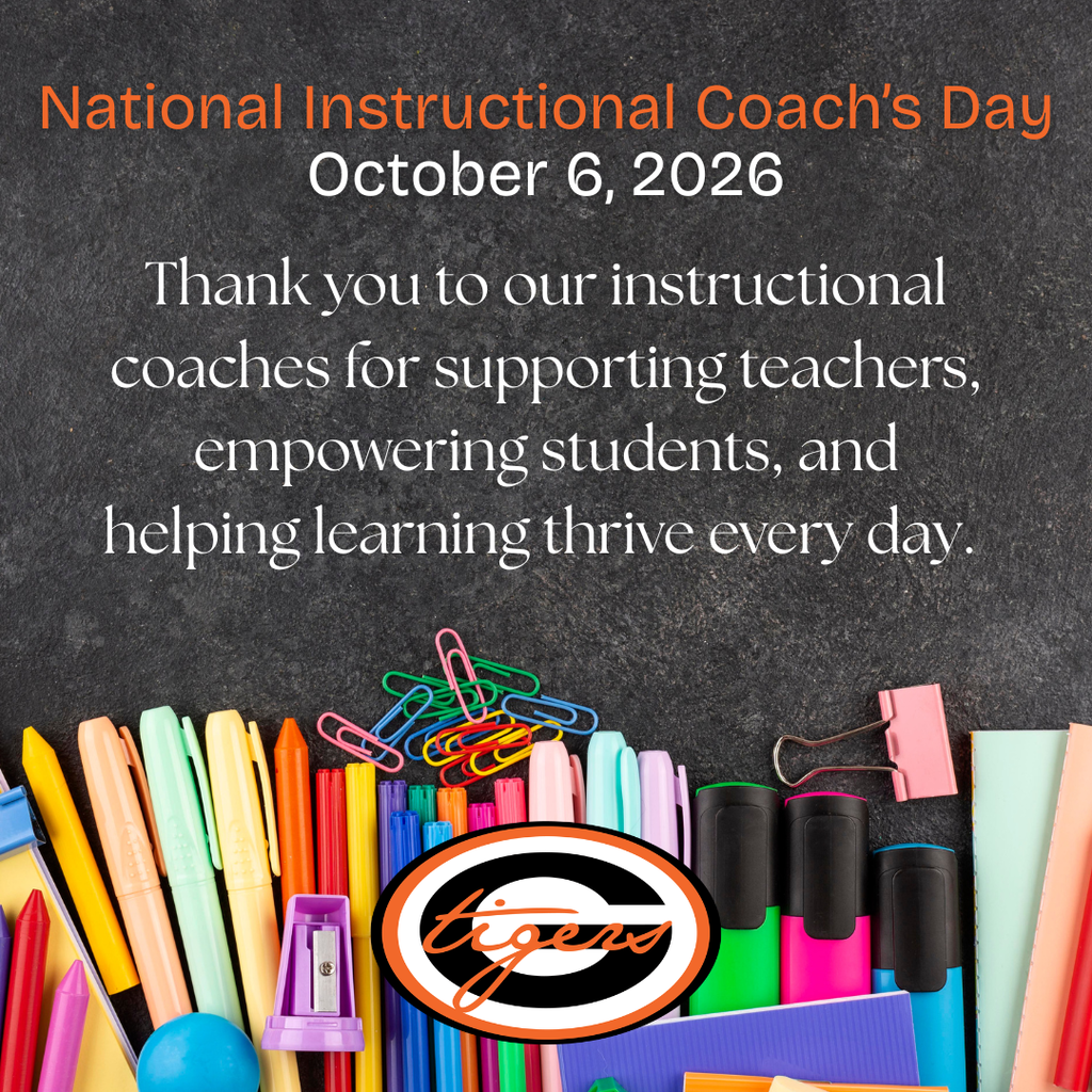 An orange and black poster reads "National Instructional Coach's Day October 6, 2026". It is surrounded by various colored pens and pencils.