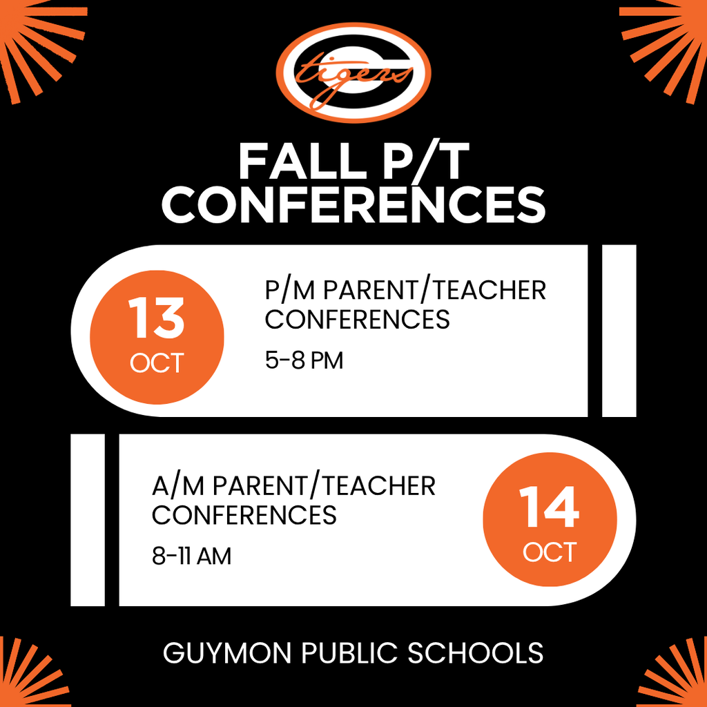 An event poster with black background. Text reads "Fall P/T Conferences" with dates and times for PM and AM sessions.