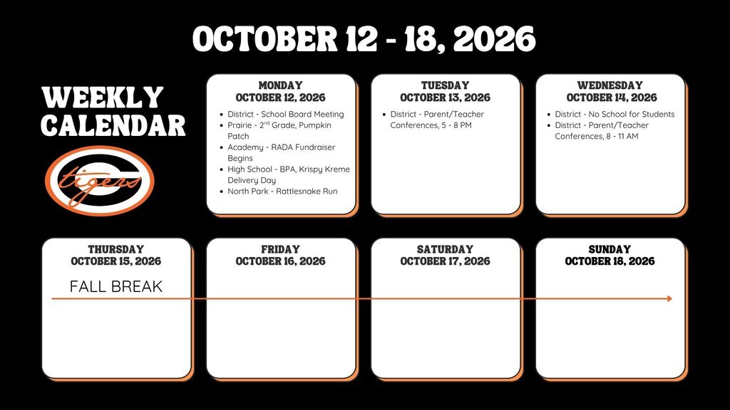 Weekly calendar for October 12–18, 2026. Days labeled from Monday to Sunday. Fall Break on October 13–14.