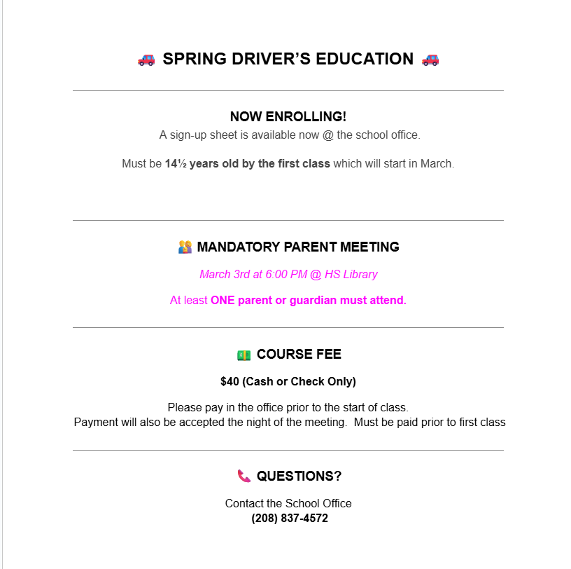 Driver's Ed Spring Class
