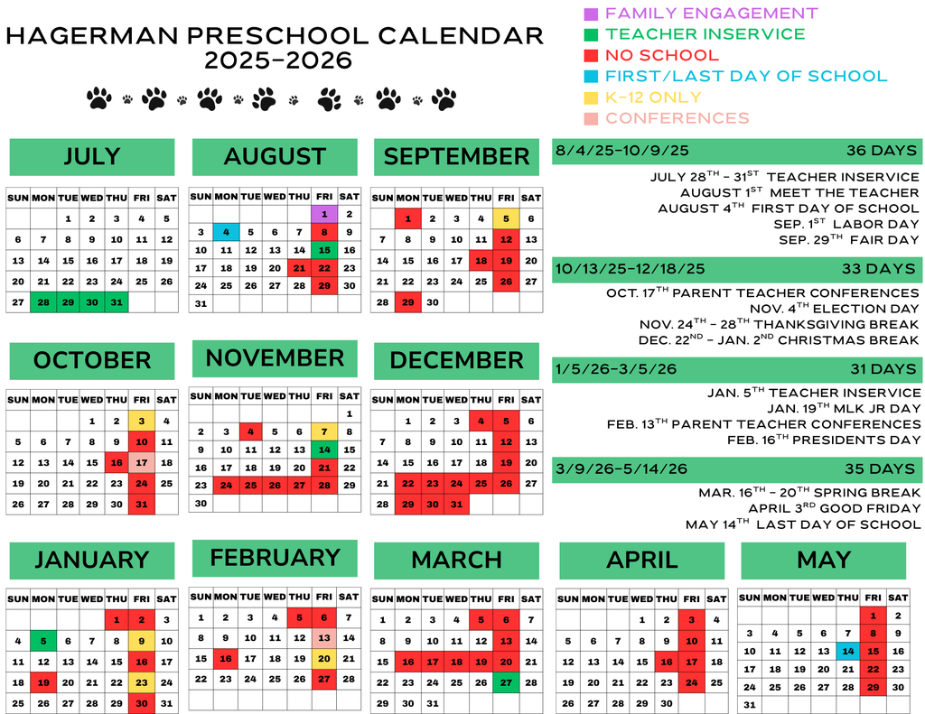 Prek Calendar 2025-2026