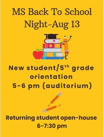 back to school night Aug 13 starting 5 pm