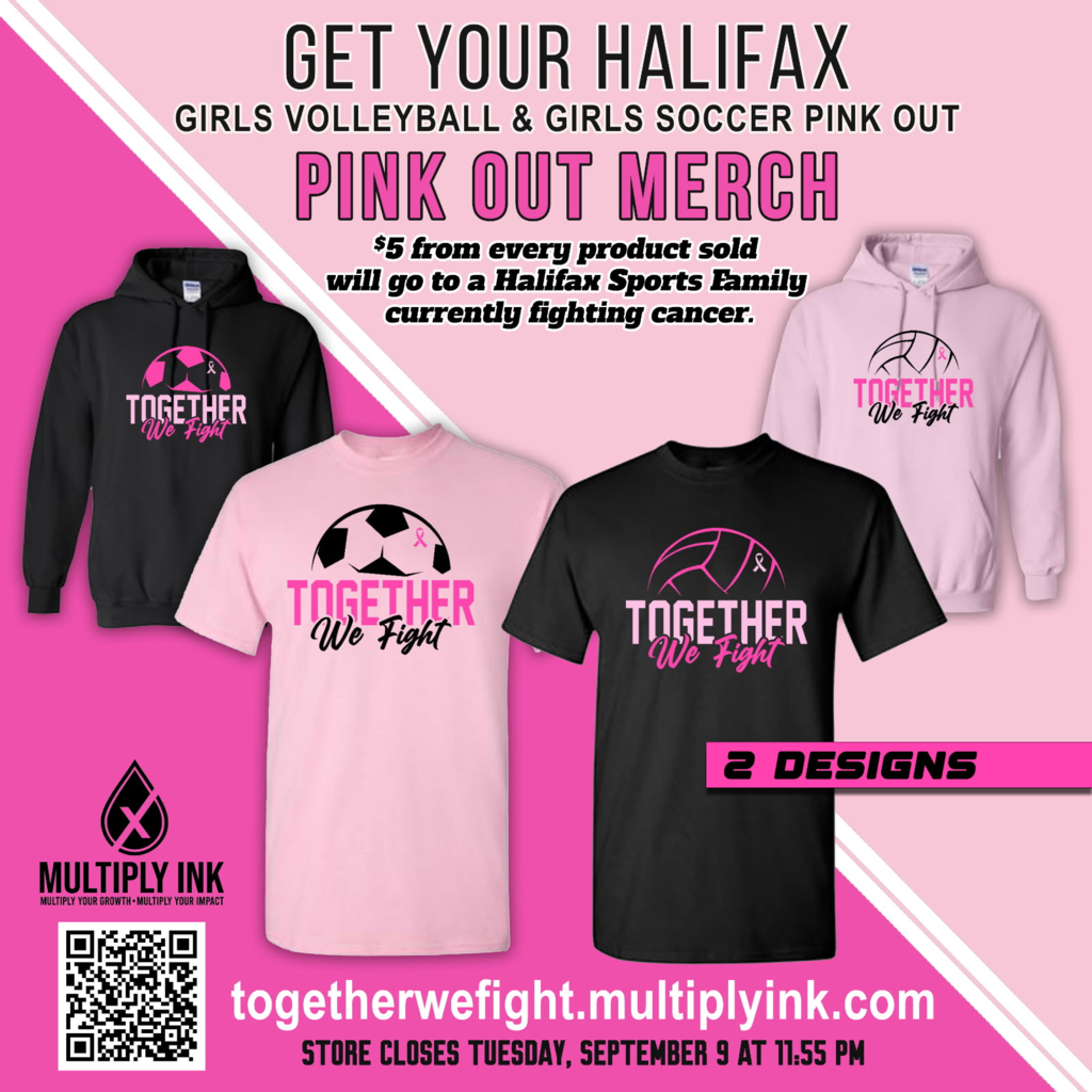 Get your halifax pink out merch. $5 from every product sold will go to a Halfiax Sports Family currently fighting cancer. togetherwefight.multiplyink.com store closes Tuesday, September 9 at 11:55pm