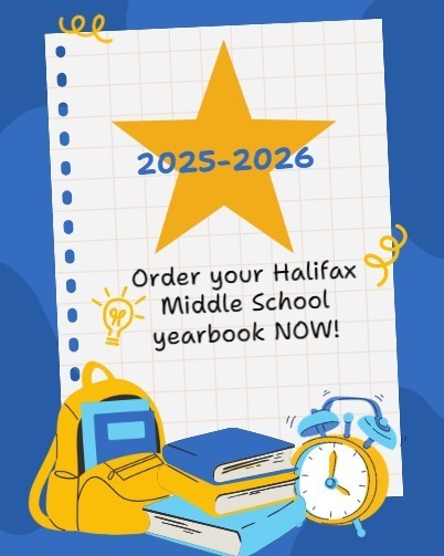 order the MS yearbook now on a piece of paper with books, a clock and a backpack