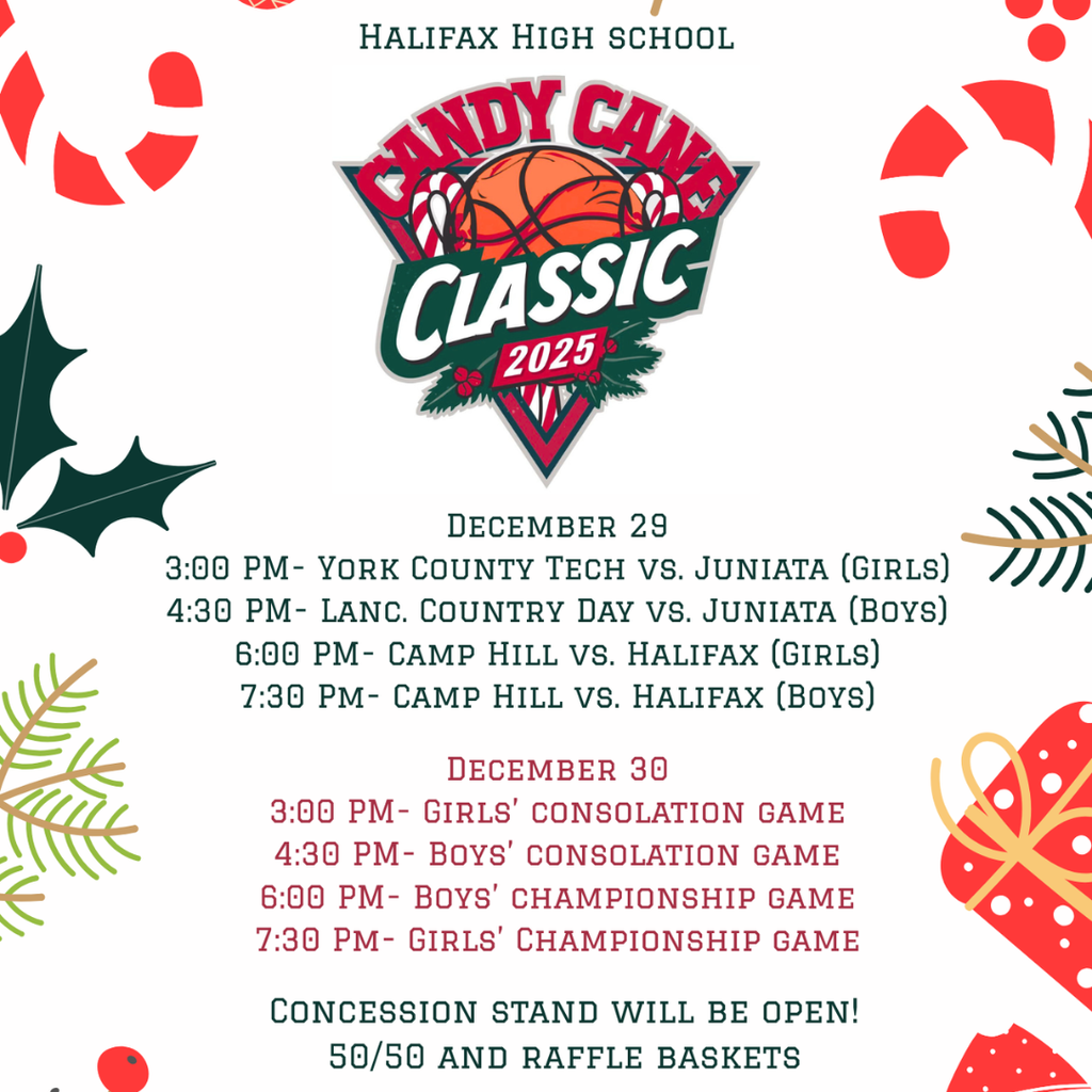 Candy Cane Classic Basketball Tournament Flyer. December 29th there are four games (3pm, 4:30pm, 6pm, and 7:30pm). On December 30th there are four games (3pm, 4:30pm, 6pm, and 7:30pm)