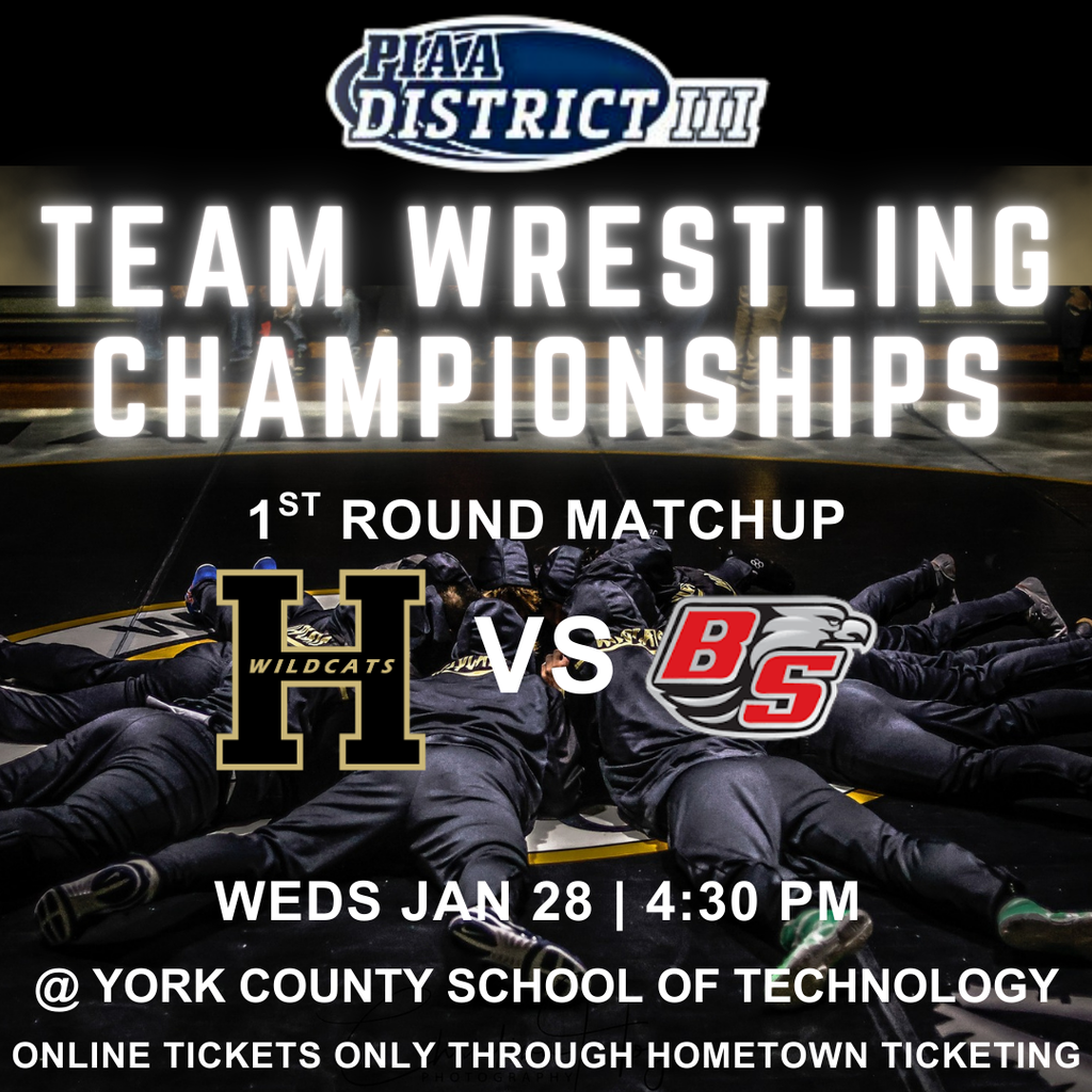 Graphic showing Halifax vs Bermudian Springs in the PIAA District III Team Wrestling playoffs to be hosted by York County School of Technology on Wednesday January 28, 2026 at 4:30pm. Tickets must be bought on line through Hometown Ticketing.