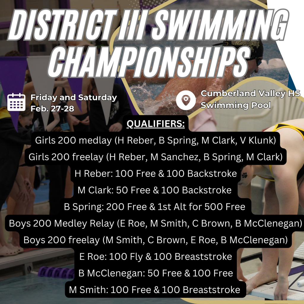 Halifax Swimming looks to make a splash at the 2026 District III AA Championships on Friday and Saturday 2/27-2/28. Complete information can be found at www.piaad3.org, results will be posted on Swim Cloud. GO WILDCATS! QUALIFIERS: Girls 200 medlay (H Reber, B Spring, M Clark, V Klunk) Girls 200 freelay (H Reber, M Sanchez, B Spring, M Clark) H Reber: 100 Free & 100 Backstroke M Clark: 50 Free & 100 Backstroke B Spring: 200 Free & 1st Alt for 500 Free Boys 200 Medley Relay (E Roe, M Smith, C Brown, B McClenegan) Boys 200 freelay (M Smith, C Brown, E Roe, B McClenegan) E Roe: 100 Fly & 100 Breaststroke B McClenegan: 50 Free & 100 Free M Smith: 100 Free & 100 Breaststroke