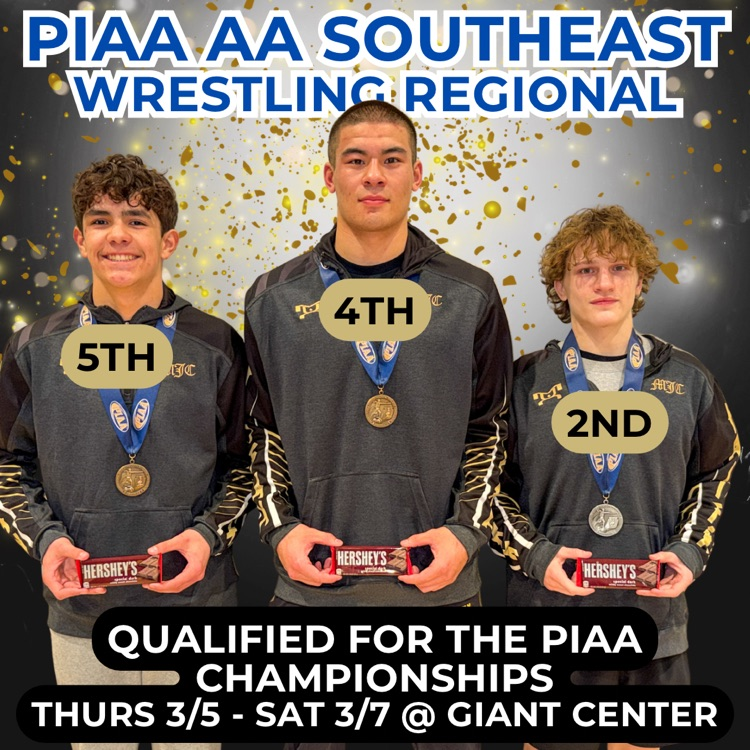 Jackson Smith placed 5th, Teegan Carroll placed 4th, and Izaya Schickley placed 2nd to all qualified for the PIAA State Championships at the GIANT Center on March 5th through March 7th. 