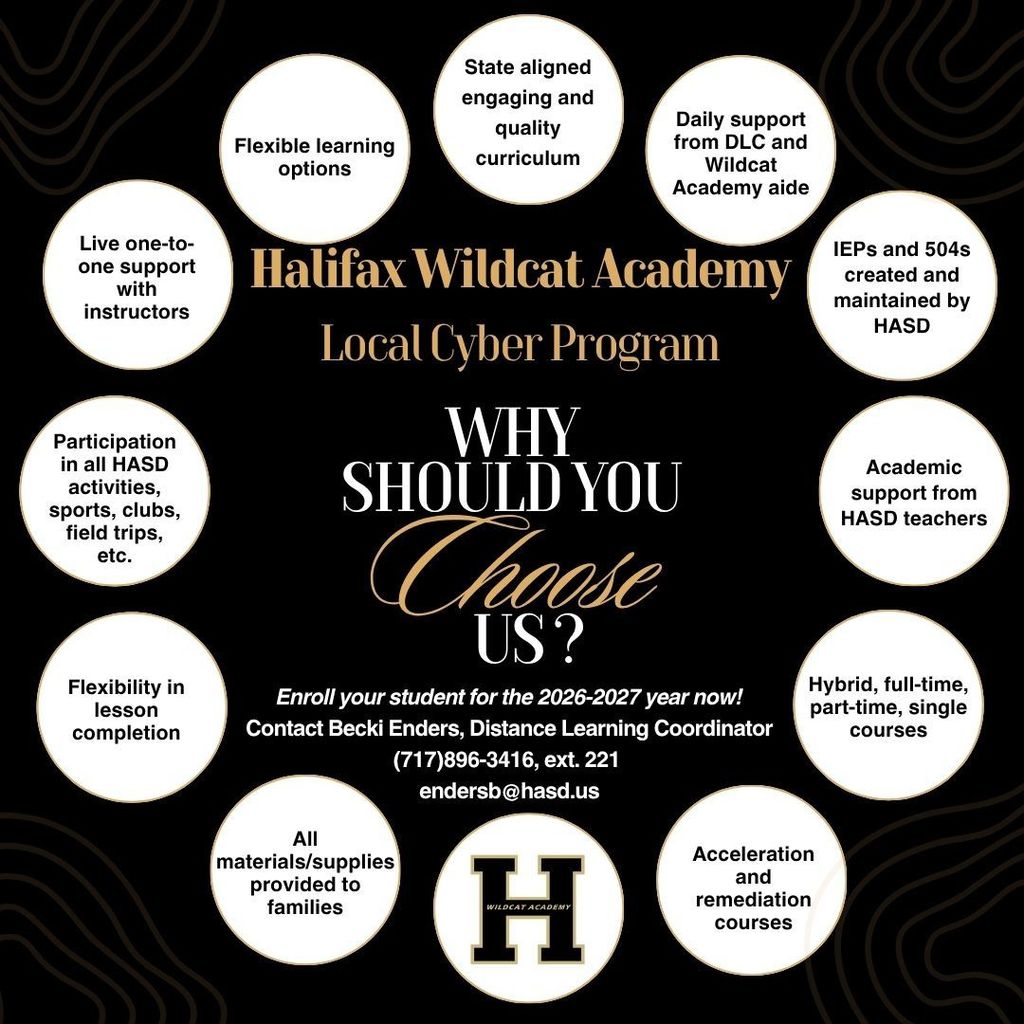 An advertisement for a cyber program with circles highlighting benefits like flexible learning options and state-aligned curriculum.
