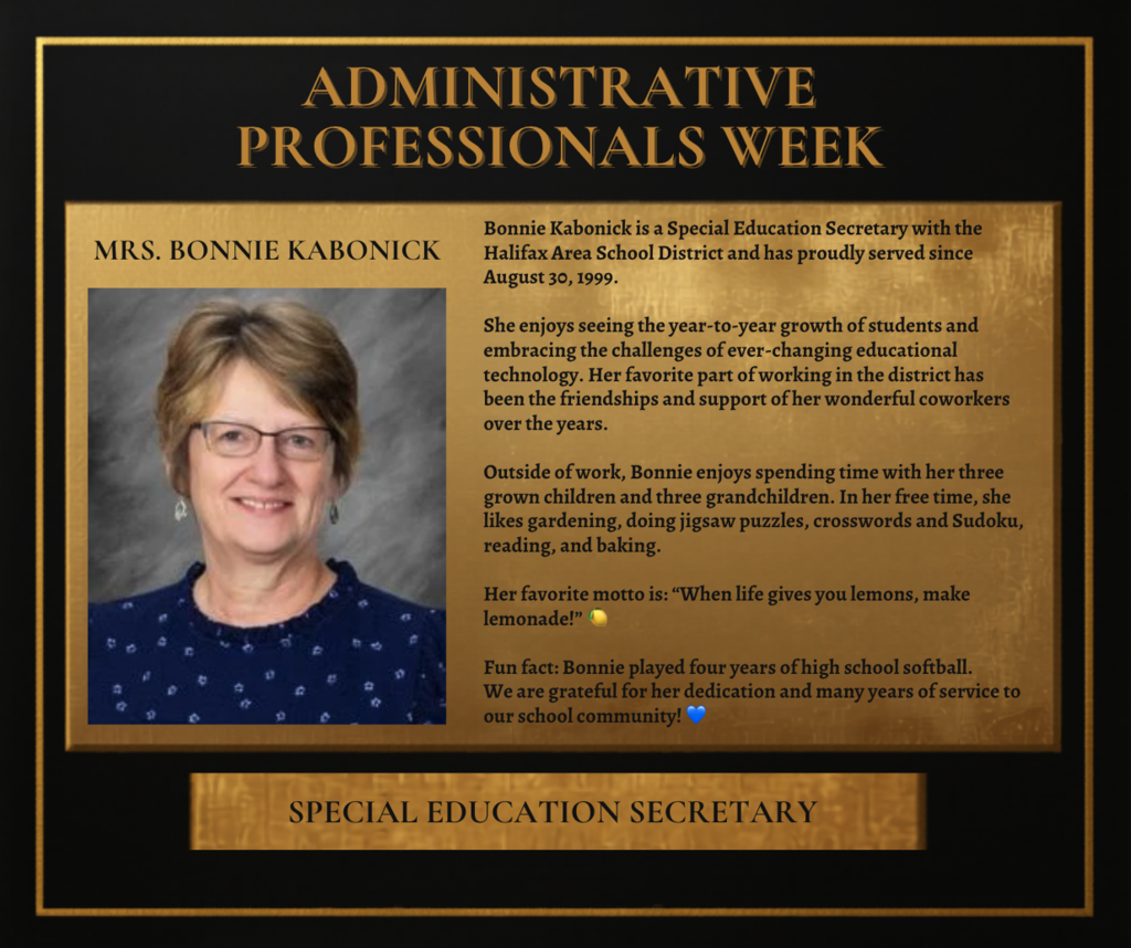 A plaque honoring Mrs. Bonnie Kabornick, Special Education Secretary, featuring her photo, title, and a brief text about her contributions.