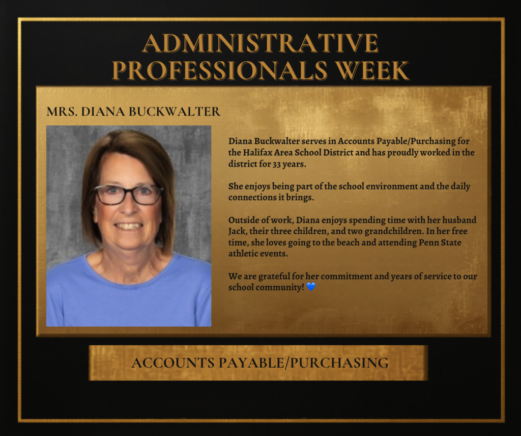 A gold-bordered plaque honors Mrs. Diana Buckwalter for her 35 years in Accounts Payable/Purchasing.