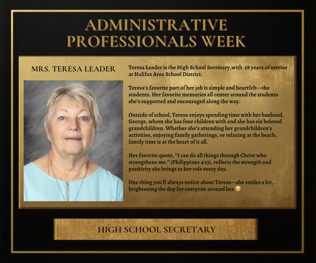 A plaque reads "ADMINISTRATIVE PROFESSIONALS WEEK." It features a picture of a woman with blonde hair, wearing a blue top.