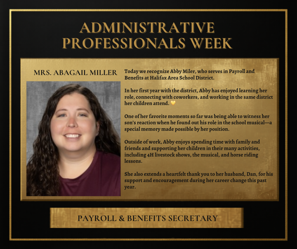 Gold plaque with a photo of a woman, text reads "Administrative Professionals Week" and "Mrs. Abigail Miller".