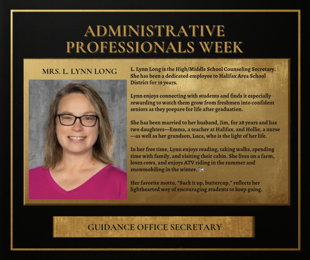 Gold plaque reads "Administrative Professionals Week." A woman in glasses and a pink top is featured with a short biography.