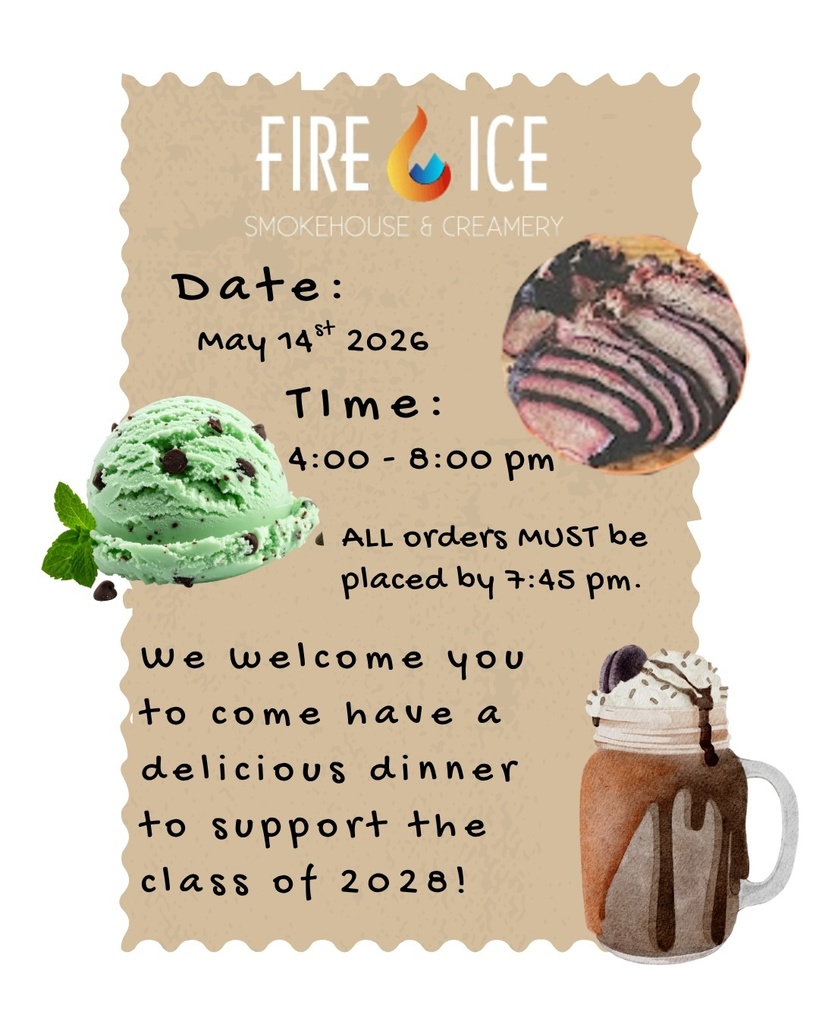 A flyer shows a flyer with a dessert and coffee cup with an invitation for a dinner at Fire and Ice on 5/14/26 to raise funds for the sophomore class..