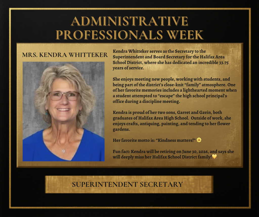 A certificate honoring Mrs. Kendra Whitteker, a secretary for 20 years. It includes a photo of her and text.