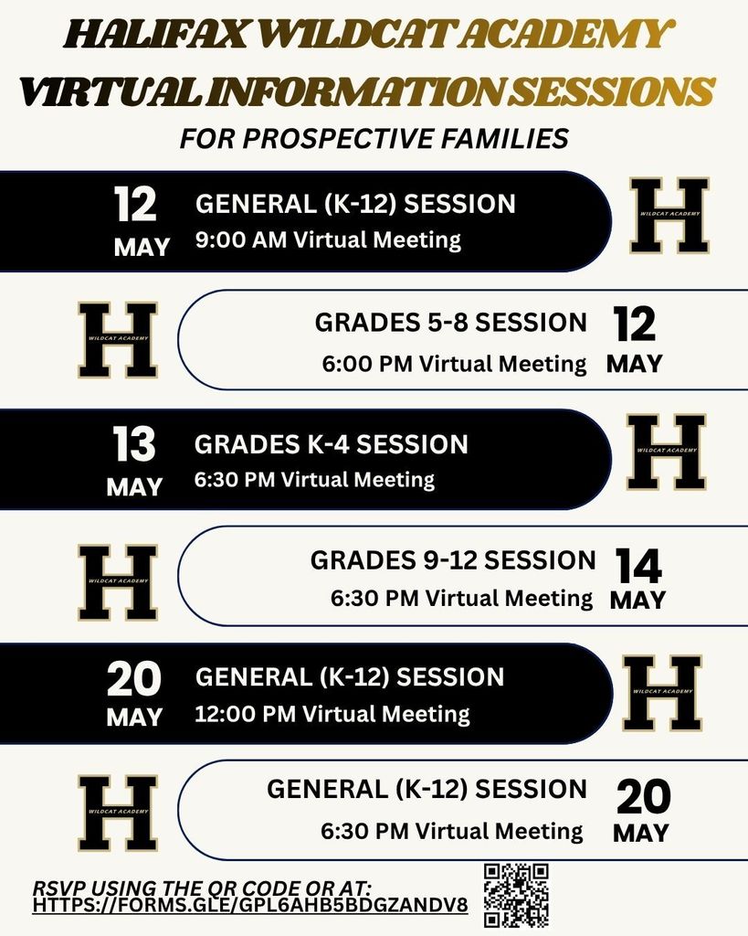 Virtual information sessions for prospective families at Halifax Wildcat Academy. Dates and times listed for various grade levels.