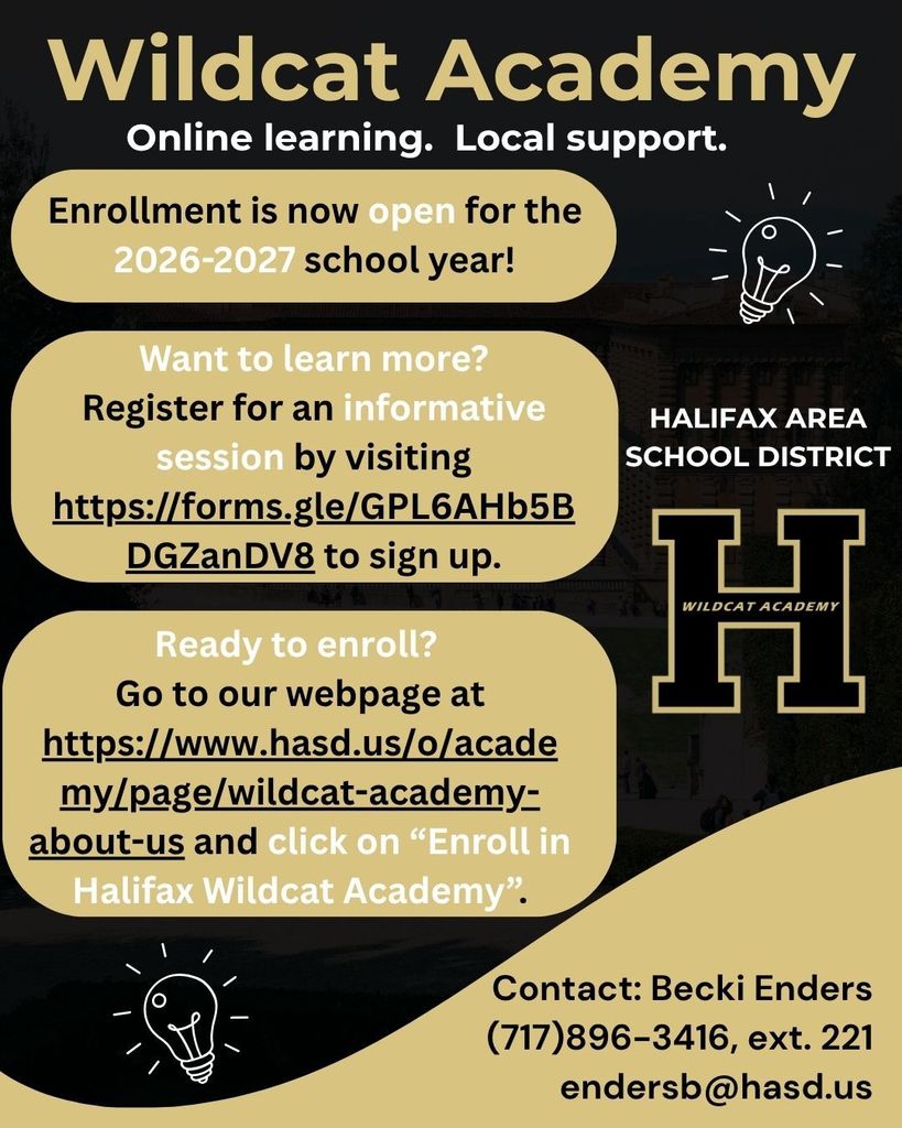 A poster with a black and beige background advertises Wildcat Academy. It includes an online learning and local support message.