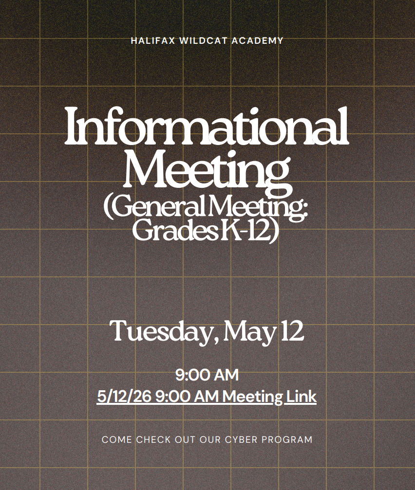 Dark background with white text: "Informational Meeting (General Meeting Grades K-12) Tuesday, May 12 9:00 AM 5/12/26 9:00 AM Meeting Link"