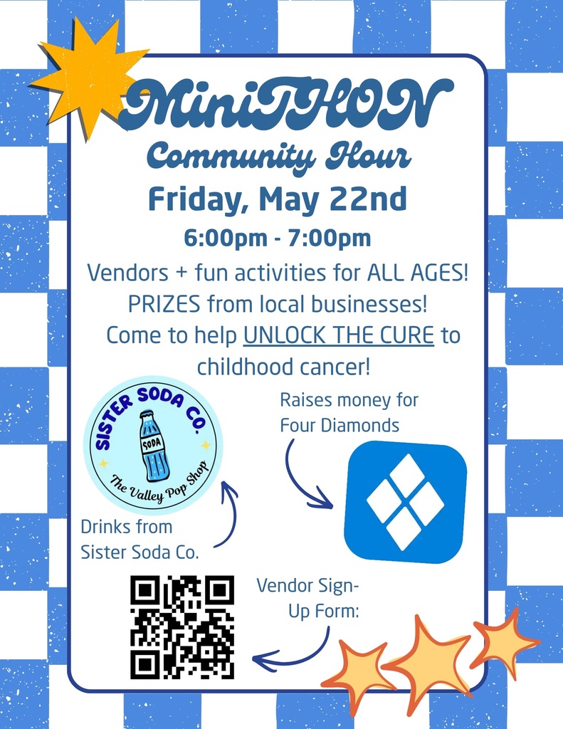 Blue and white checkered event poster for Mini Theon Community Hour on May 22nd from 6:00pm to 7:00pm.