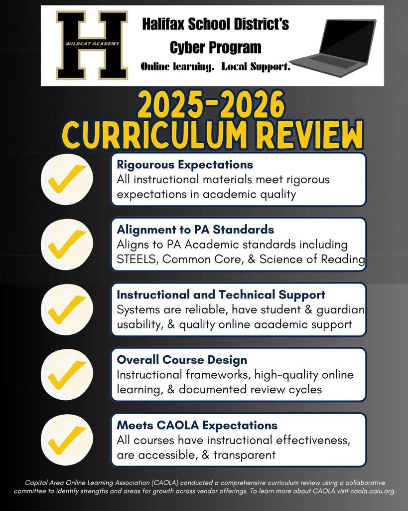 Black background with white text and icons. Title reads "2025-2026 CURRICULUM REVIEW". Features points like "Rigorous Expectations", "Alignment to PA Standards", "Instructional and Technical Support", "Overall Course Design" and "Meets CAOLA Expectations".