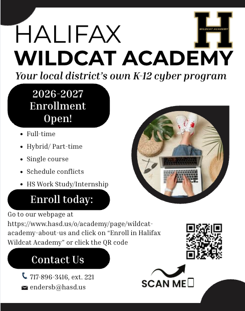 An advertisement poster for the 2026-2027 K-12 cyber program at Halifax Wildcat Academy. Features include full-time, hybrid/part-time, single course, and HS Work Study/Internship options.