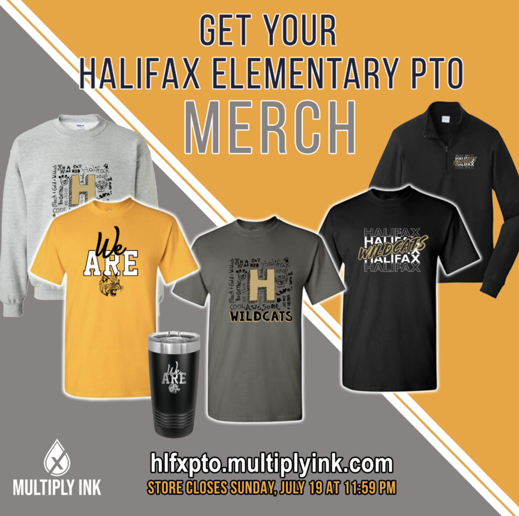 Advertisement for Halifax Elementary PTO merchandise. Five items displayed: yellow, gray, black shirts, a black polo, and a tumbler.
