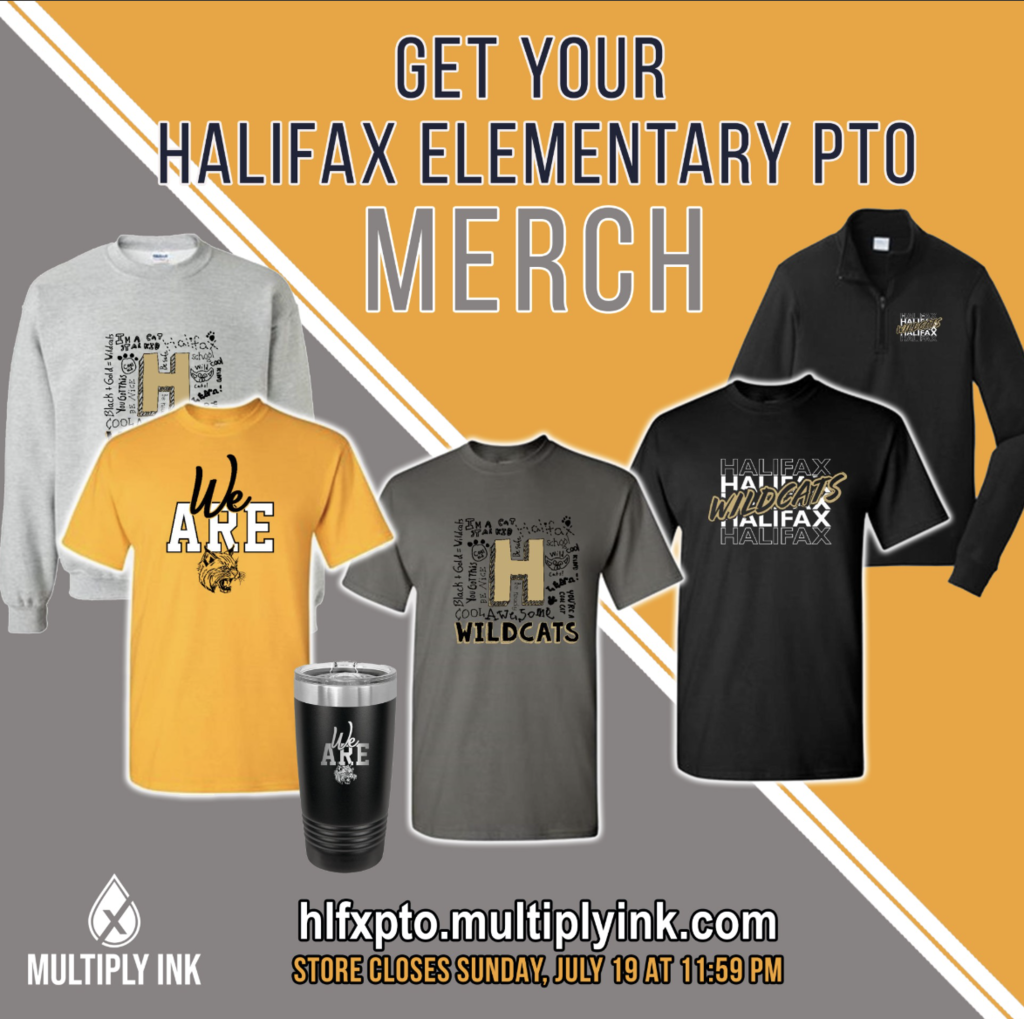 Display of merchandise including four shirts and a tumbler with the text "We Are Wildcats" and "HALIFAX".