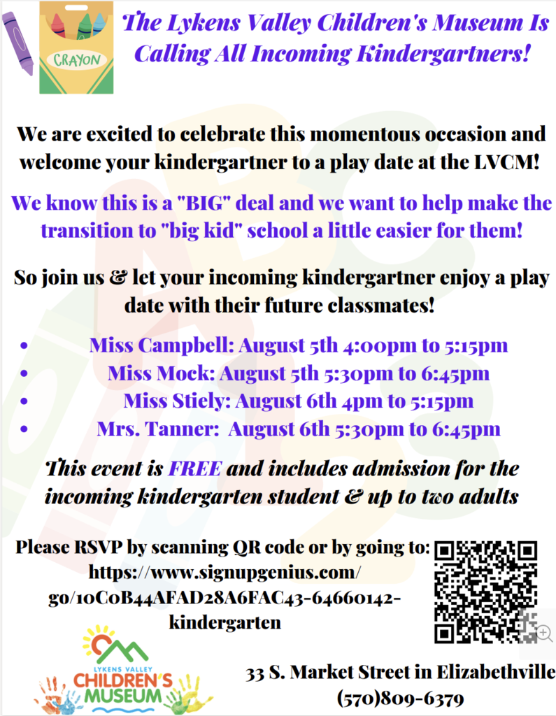 A poster with an orange background announces a free playdate for incoming kindergarteners. Events listed on August 6th.